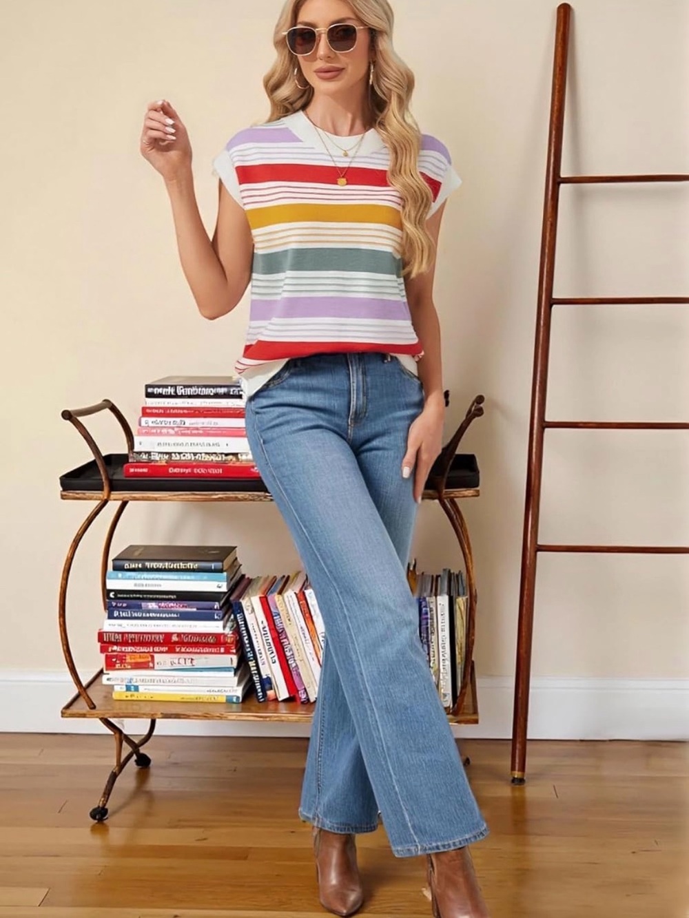 Striped Cap-Sleeve Knit Top in Multi-Color